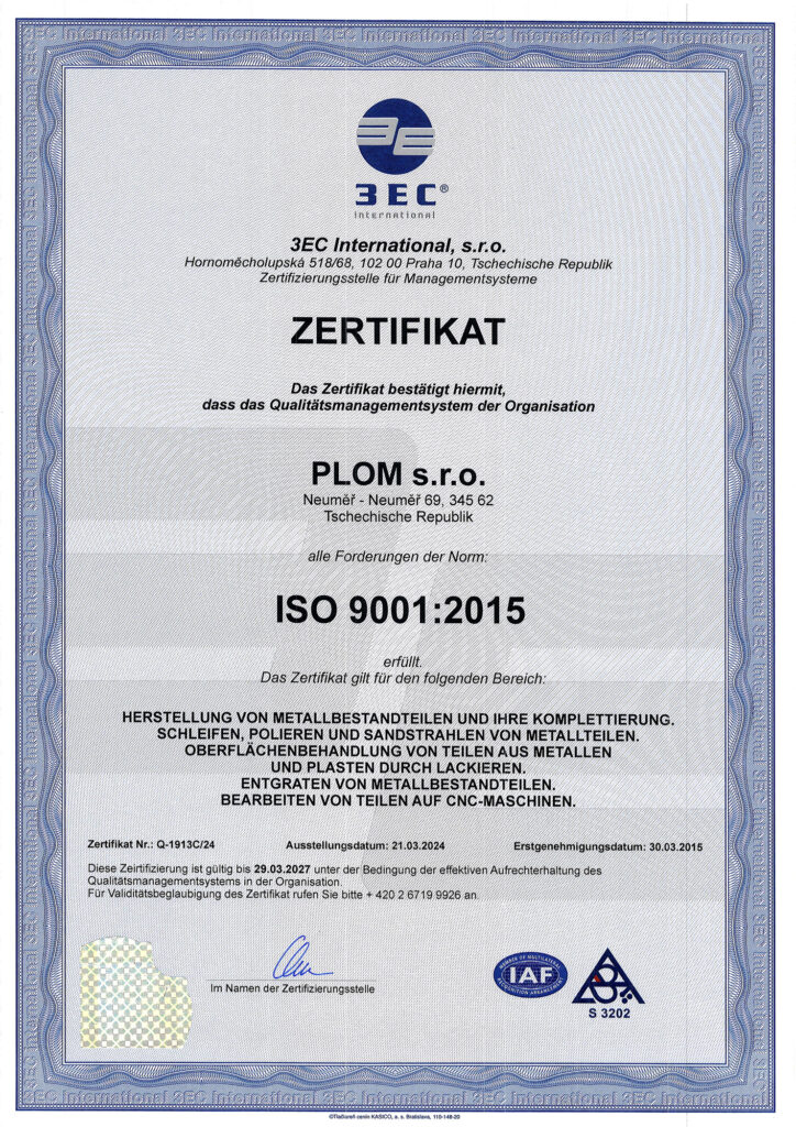 Zertifikat ČSN EN ISO 9001:2016